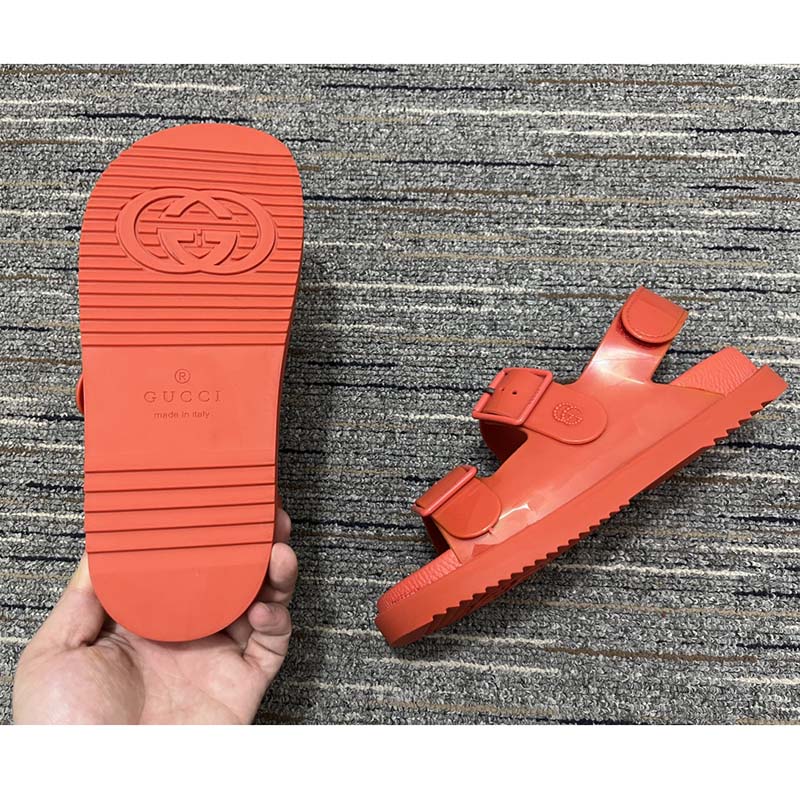 Gucci Women Sandal Mini Double G Red Rubber Double G Studs Low Heel