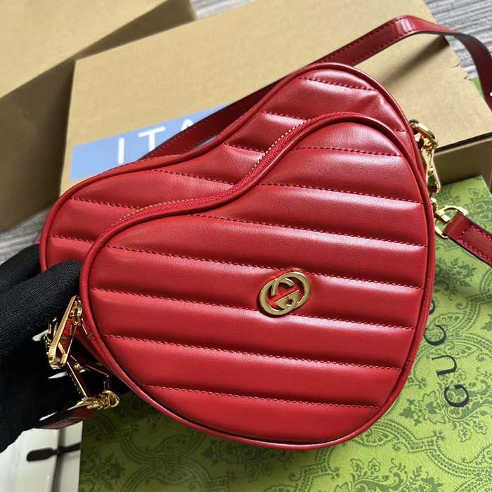 Gucci Women GG Interlocking G Mini Heart Shoulder Bag Red Diagonal Matelassé Leather