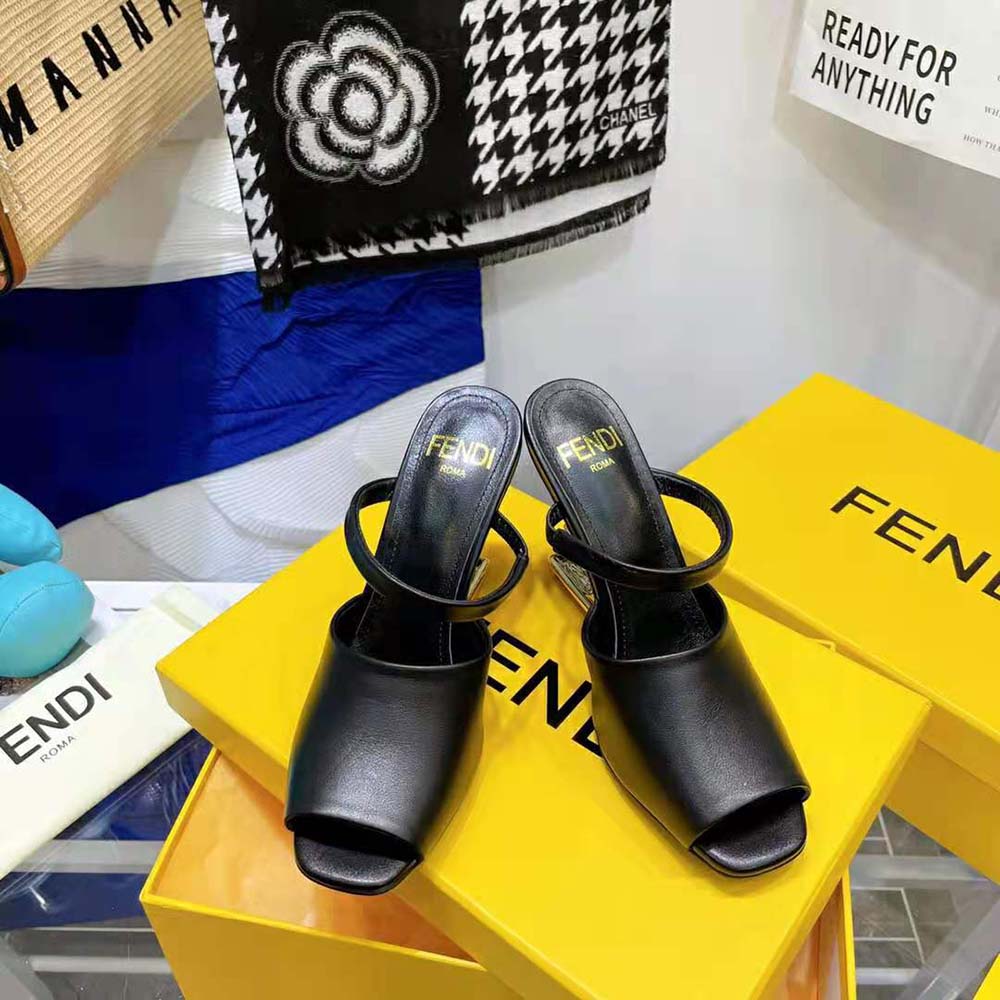 Fendi Women First Black Leather High-Heeled Sandals