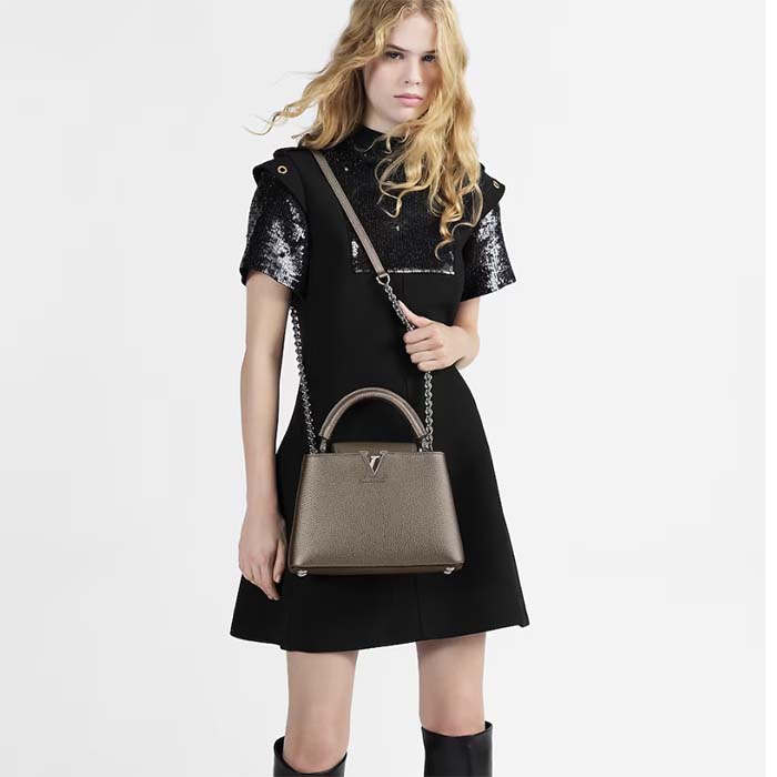 Louis Vuitton LV Women Capucines BB Hand Bag Etain Metallic Gray Taurillon Leather