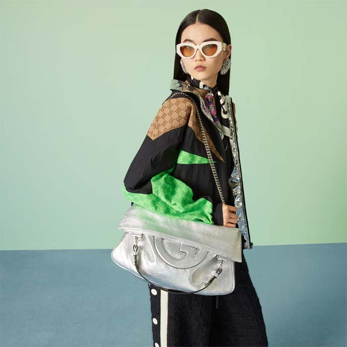 Gucci Unisex Blondie Medium Tote Bag Silver Lamé Leather Round Interlocking G