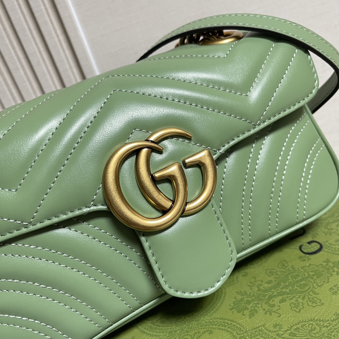 Gucci Women GG Marmont Small Shoulder Bag Sage Green Matelassé Chevron Heart