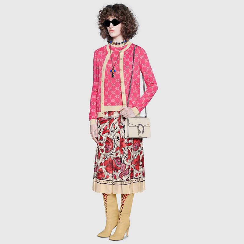 Gucci Women Dionysus Mini Leather Bag White Textured Leather Tiger Head