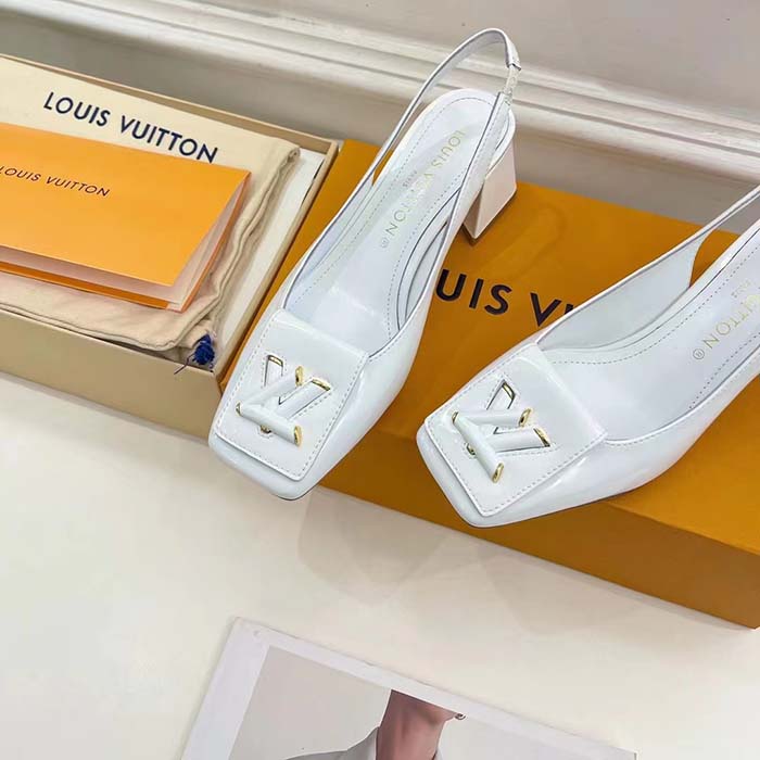 Louis Vuitton LV Women Shake Slingback Pump White Patent Calf Leather Lambskin 5.5 Cm Heel