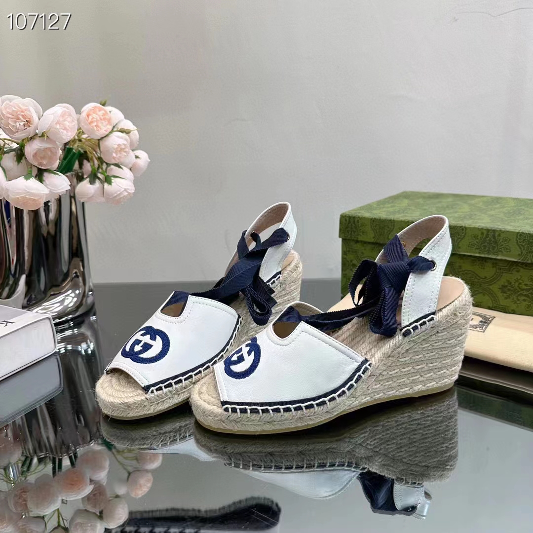 Gucci Women Espadrilles Ribbon Tie White Cotton Canvas Blue Interlocking G Embroidery