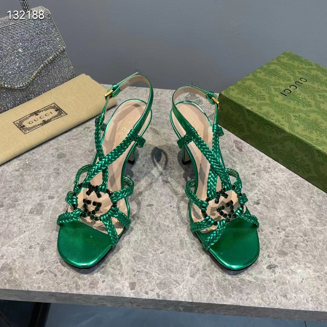 Gucci Women GG Cystal Interlocking G Sandal Green Metallic Braided High 9 CM Heel
