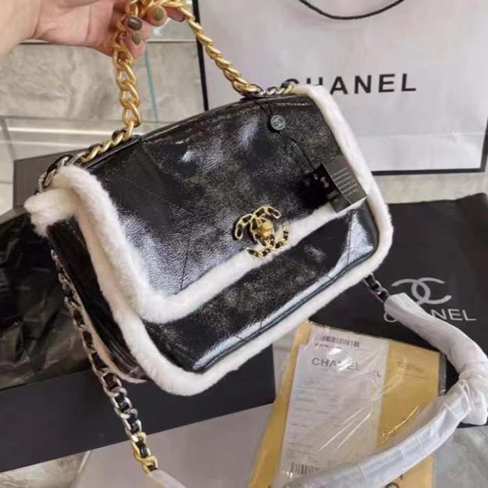 Chanel Women CC Large Flap Bag Gold-Silver-Tone Metal Calfskin Leather Black