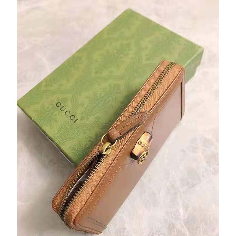 Gucci Women Gucci Diana Continental Wallet Double G Brown Leather Bamboo Detail