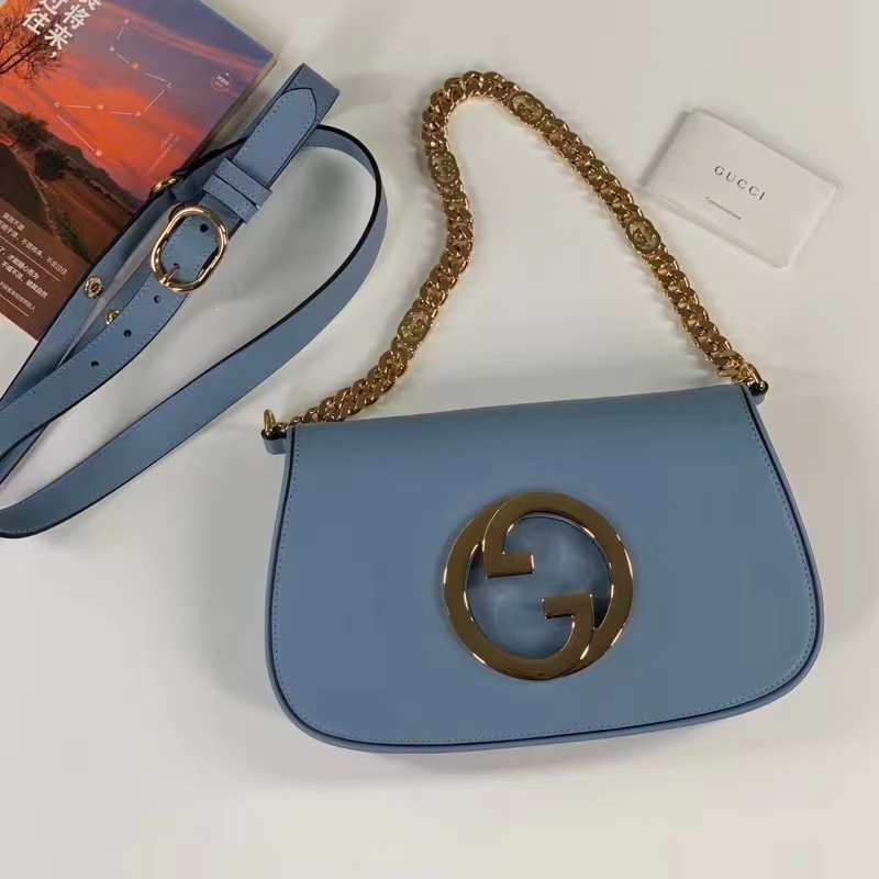 Gucci Women GG Blondie Mini Bag Light Blue Leather Round Interlocking G