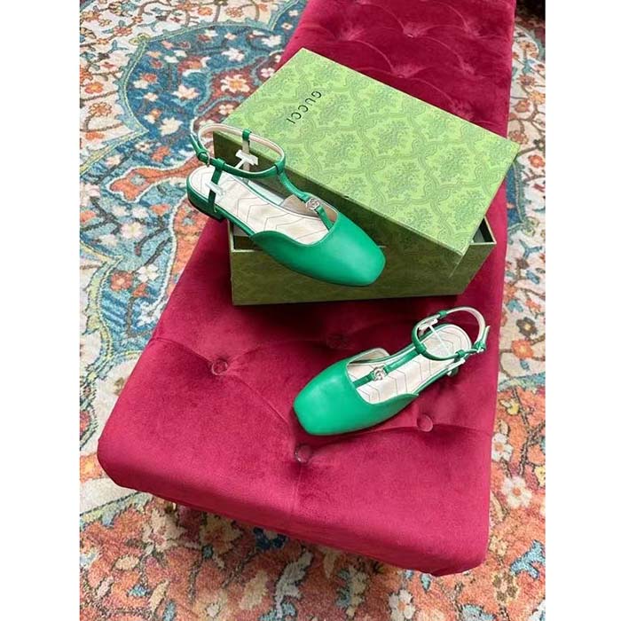 Gucci Women GG Double G Ballet Flat Light Green Leather Square Toe 1.5 CM Heel