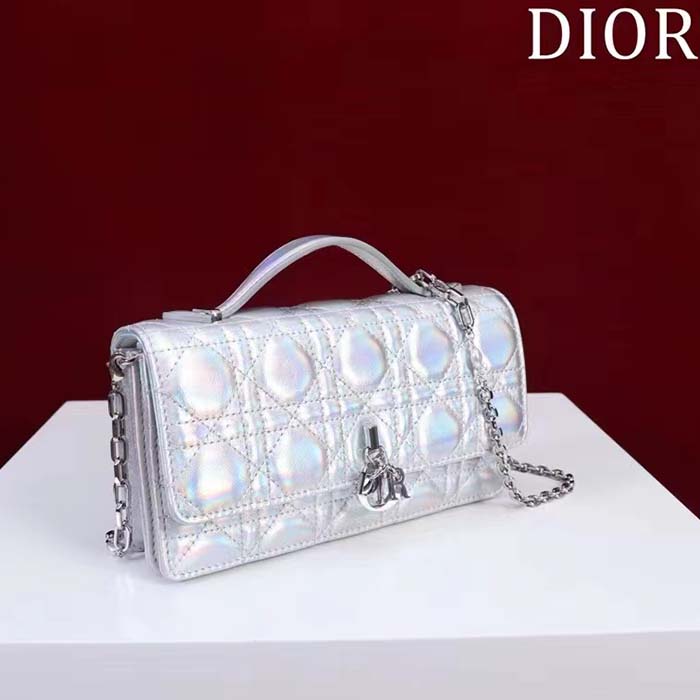 Dior Women CD Miss Dior Mini Bag Silver Metallic Leather Lambskin