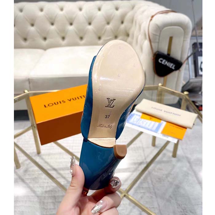 Louis Vuitton LV Women Super Mule Azure Blue Monogram-Debossed Patent Calf Leather 10 CM Heel
