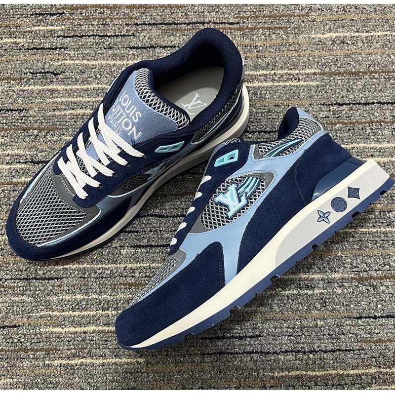 Louis Vuitton Unisex Run Away Sneaker Blue Mesh Suede Calf Leather Monogram Flowers