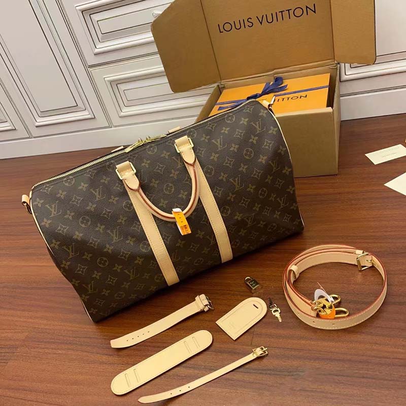 Louis Vuitton LV Unisex Keepall Bandoulière 45 Monogram Canvas Natural Cowhide Leather