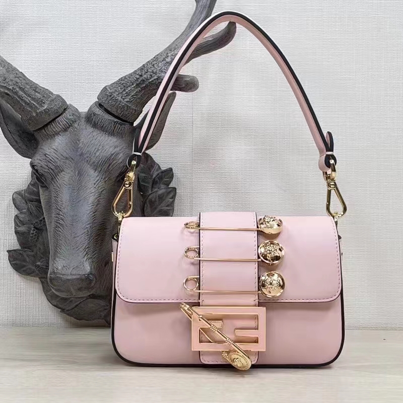Fendi Women FF Brooch Mini Baguette Fendace Pink Leather Bag