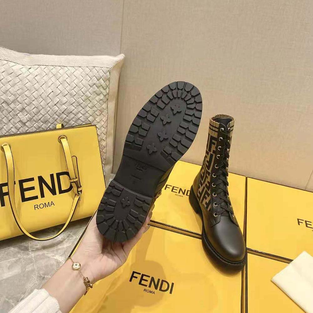 Fendi Women Rockoko Black/Brown Leather Biker Boots with Stretch Fabric