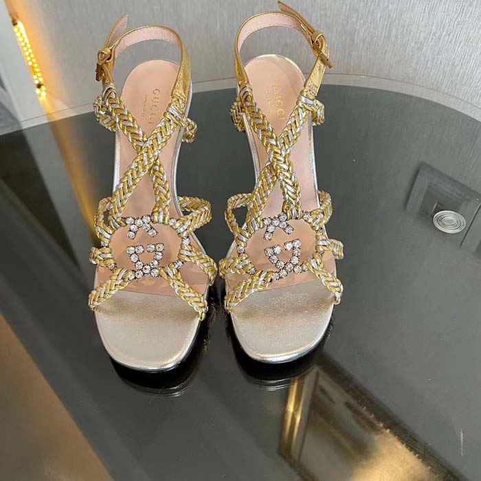 Gucci Women GG Nojum High Heel Sandal Metallic Platinum Silver Braided Leather 9 CM