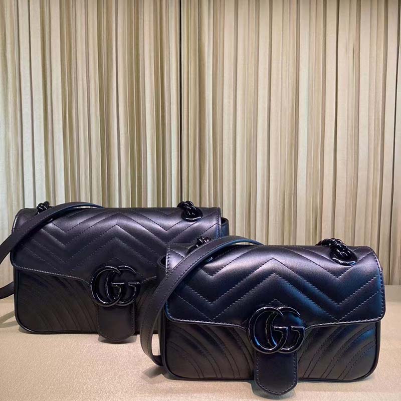 Gucci Women GG Marmont Small Shoulder Bag Black Matelassé Chevron Double G