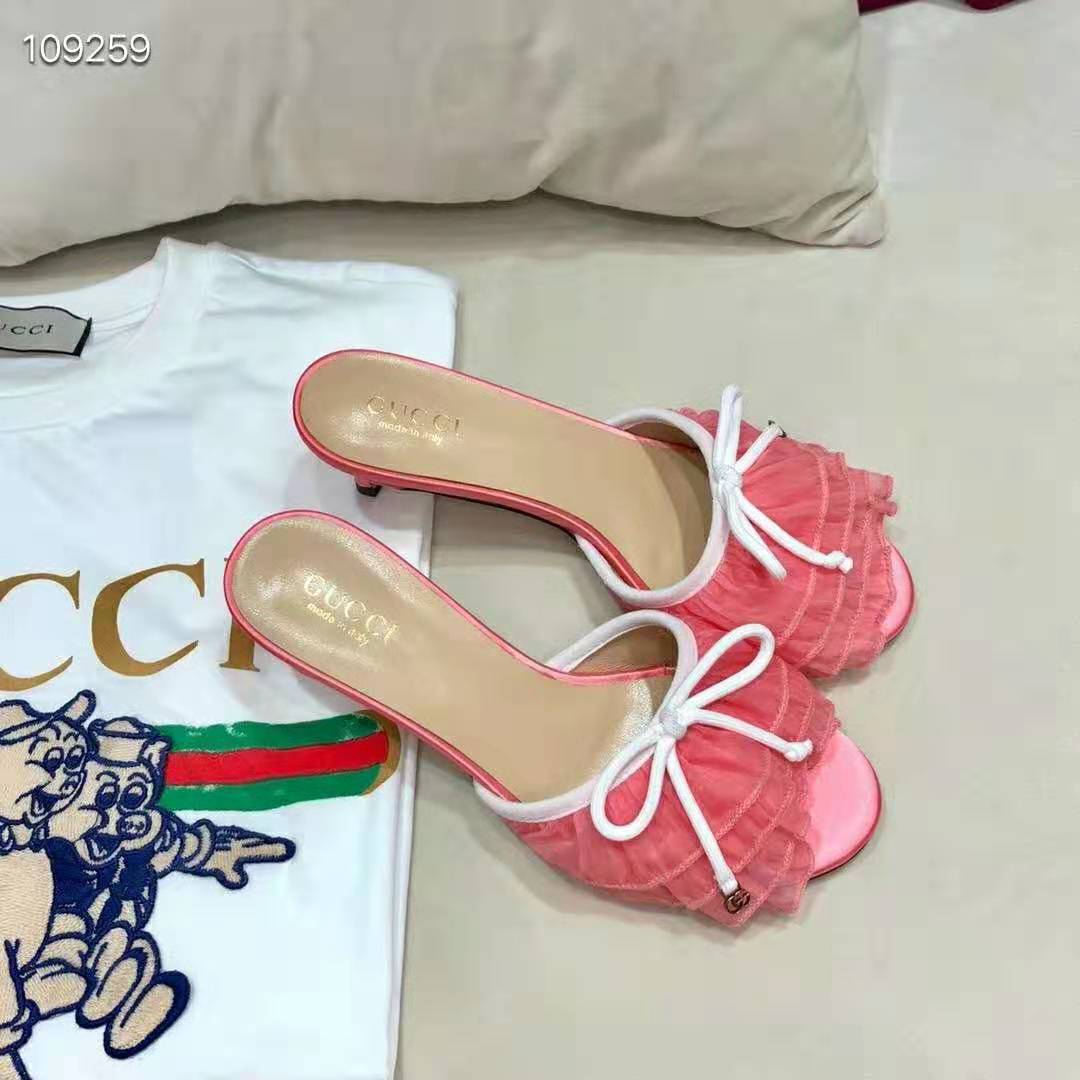 Gucci Women Mid-Heel Tulle Sandal 5.3cm Heel-Pink