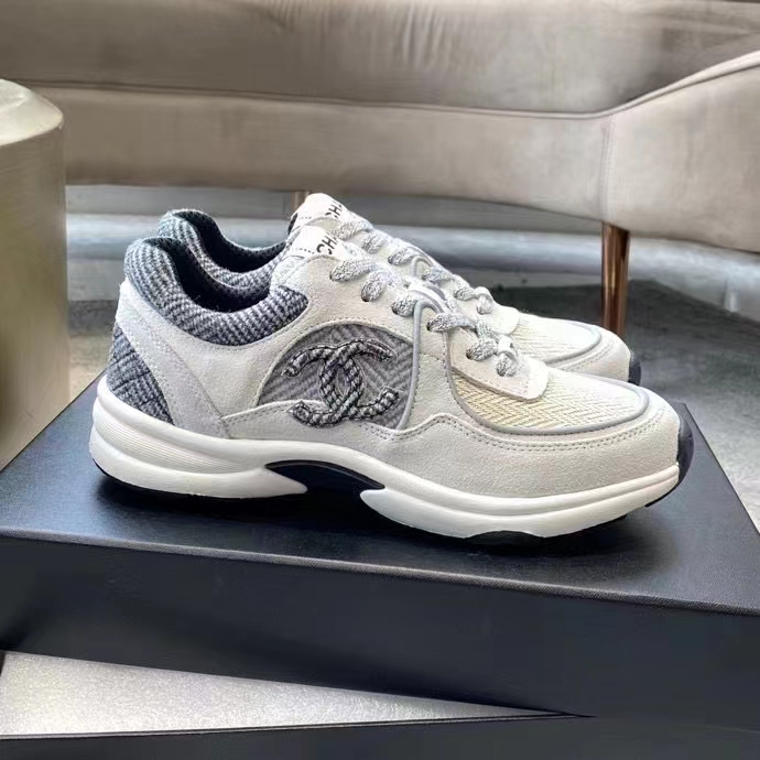 Chanel Women CC Sneakers Fabric & Suede Calfskin Ivory Light Gray & White 1 Cm Heel