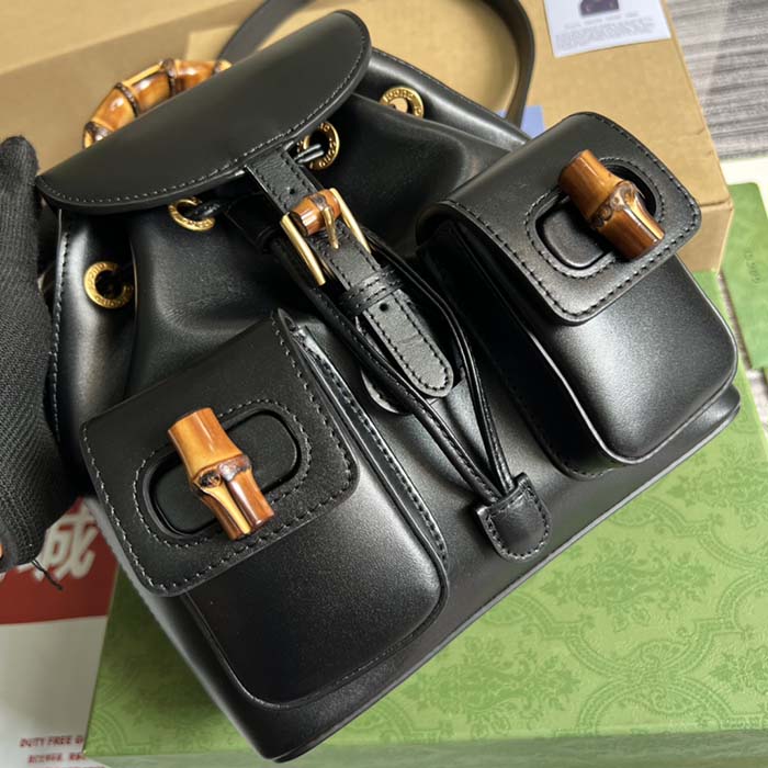 Gucci Unisex GG Bamboo Small Backpack Black Leather Bamboo Handle