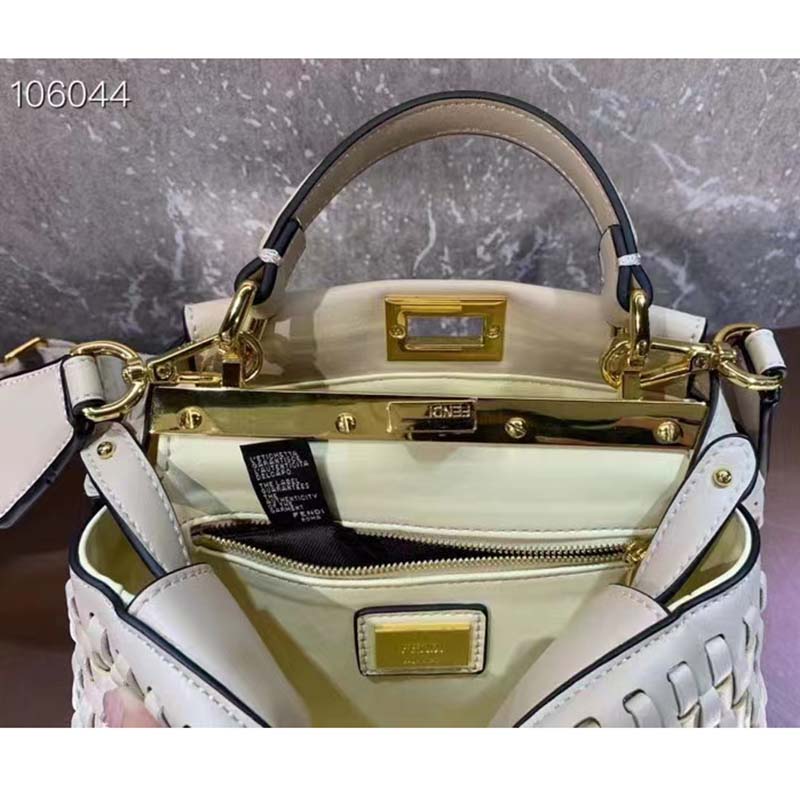 Fendi FF Women Peekaboo Mini Bag Beige Braided Calfskin Leather Bag