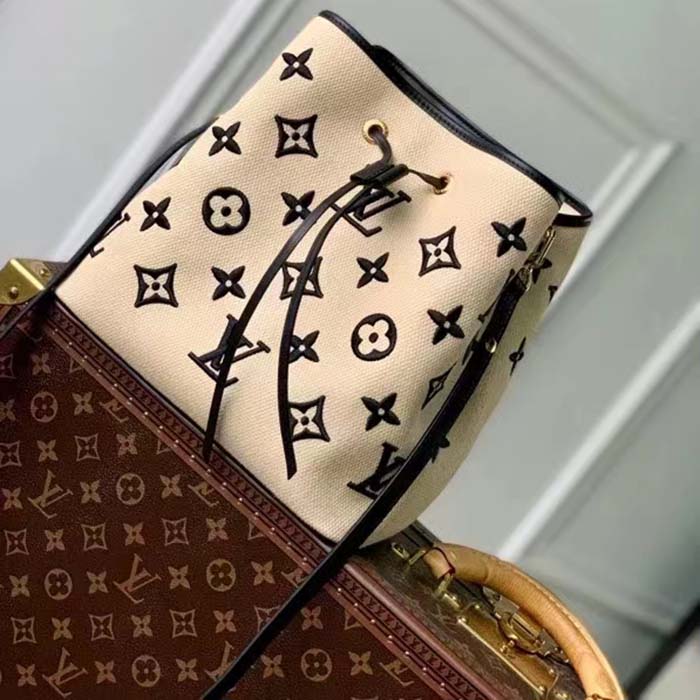 Louis Vuitton LV Unisex Néonoé MM Black Lotus Cotton Cowhide Leather