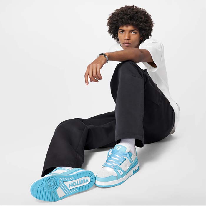 Louis Vuitton Unisex LV Trainer Sneaker Blue Mix of Materials Rubber Monogram Flowers