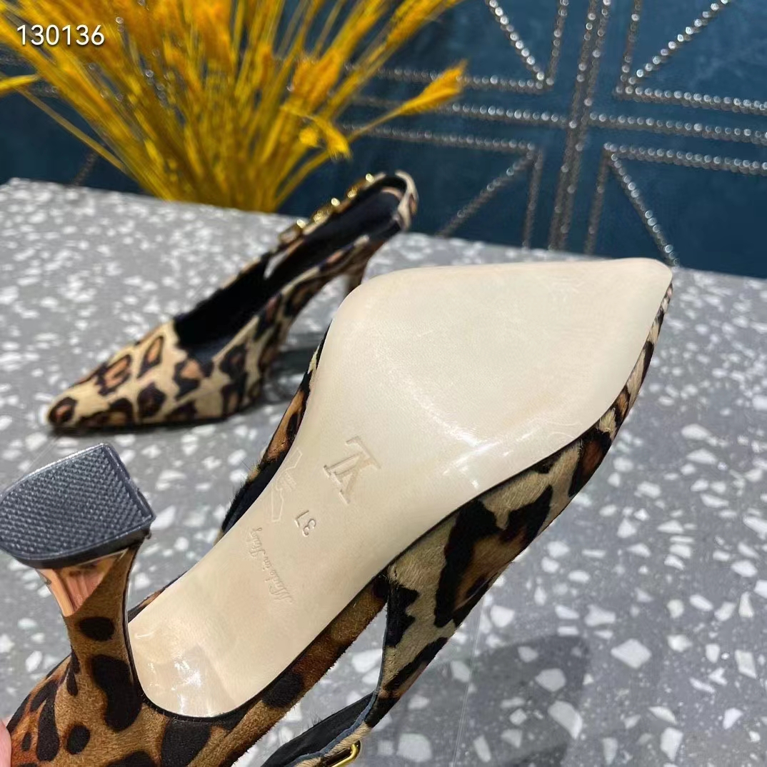Louis Vuitton LV Women Sparkle Slingback Camel Brown Printed Satin Leather 9.5 Cm Heel