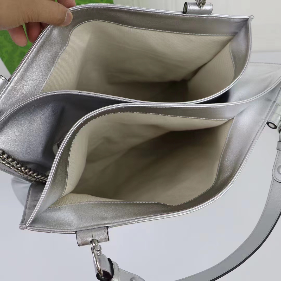 Gucci Unisex Blondie Medium Tote Bag Silver Lamé Leather Round Interlocking G