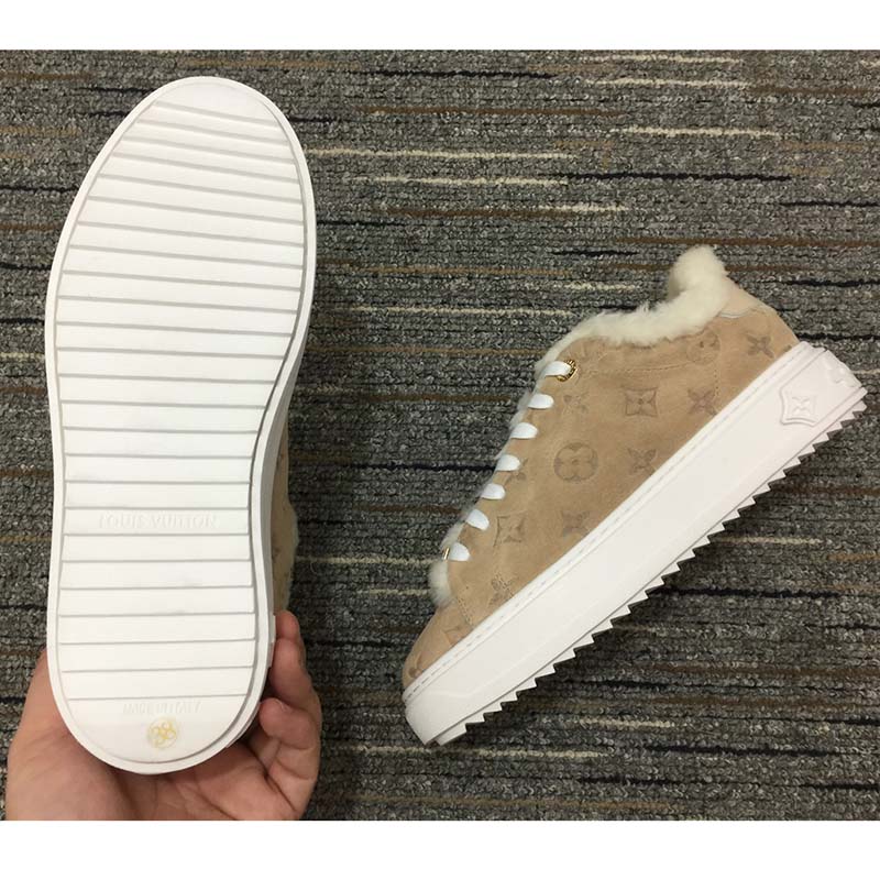 Louis Vuitton Women LV Time Out Sneaker Monogram Embossed Suede Calf Leather Shearling