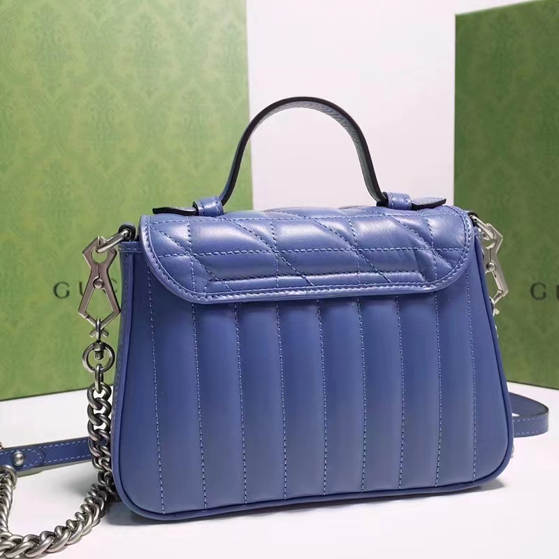 Gucci Women GG Marmont Mini Top Handle Bag Blue Matelassé Leather Double G