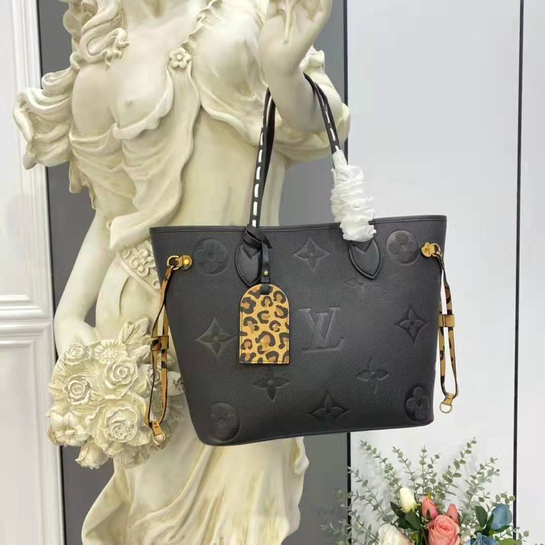 Louis Vuitton LV Women Neverfull MM Tote Bag Wild at Heart Black Embossed Supple Grained Cowhide