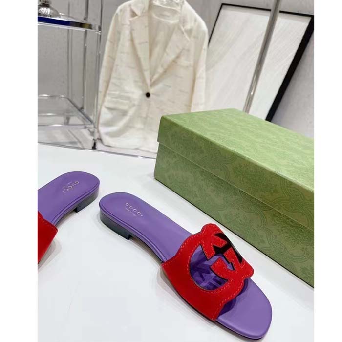 Gucci Unisex Interlocking G Cut-Out Slide Sandal Red Purple Suede Flat