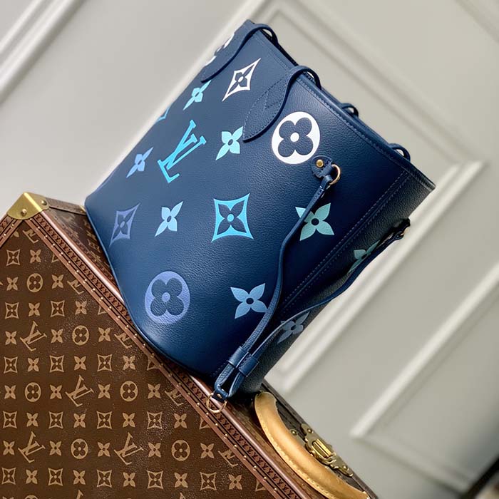 Louis Vuitton LV Unisex Neverfull MM Gradient Blue Monogram Empreinte Embossed Cowhide Leather