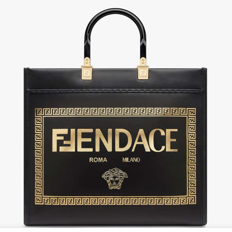 Fendi Women FF Sunshine Medium Fendace Printed Black Leather Logo Shopper