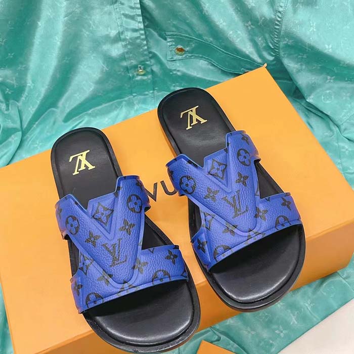 Louis Vuitton LV Unisex Oasis Mule Blue Monogram Grained Calf Leather Rubber
