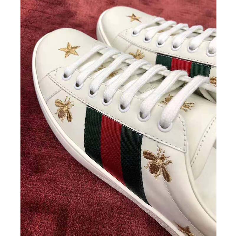 Gucci Men’s Ace Embroidered Sneaker in White Leather with Bees and Stars