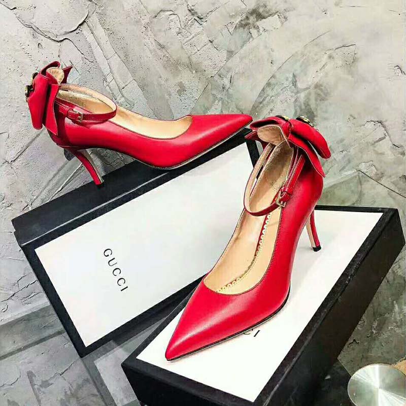 Gucci Women Shoes Leather Pump with Bow 85mm Heel-Red