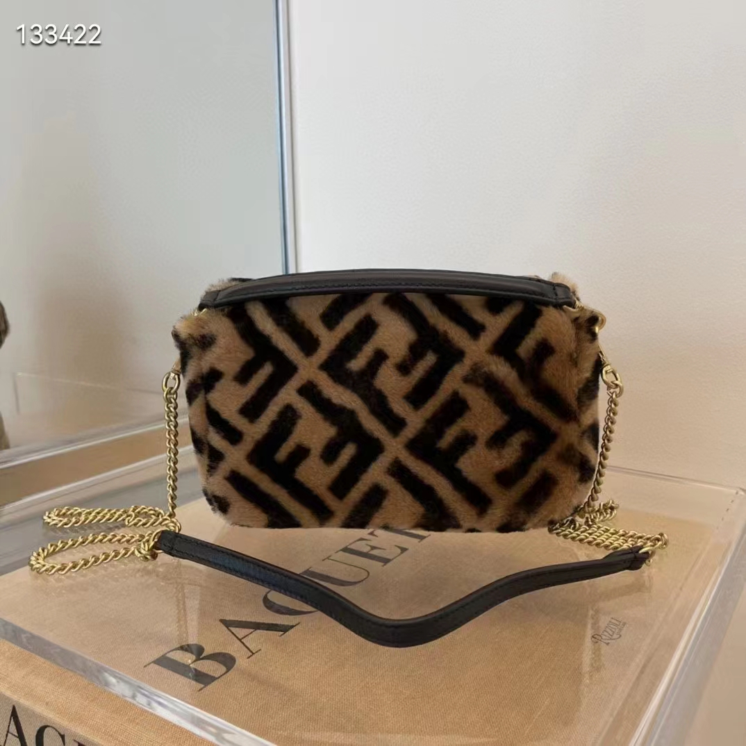 Fendi Women Mini Baguette Brown Sheepskin Sheep Fur Calfskin Bag