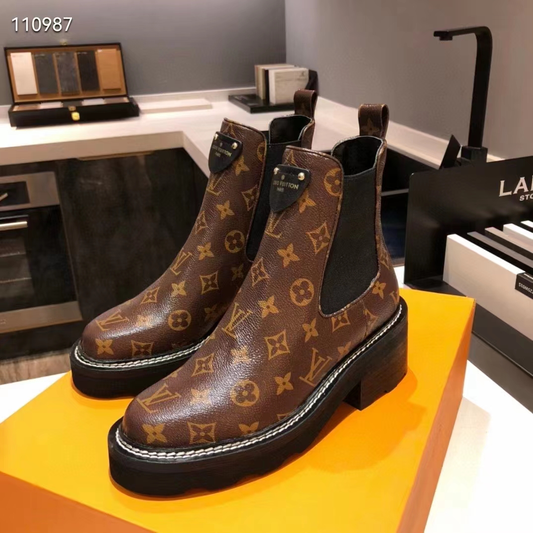 Louis Vuitton Women LV Ruby Flat Ankle Boot Cacao Brown Patent Monogram Canvas