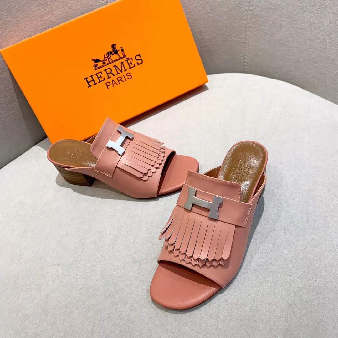 Hermes Women Alma Sandal Goatskin with Fringe Detail-Pink