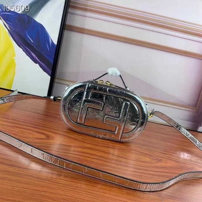 Fendi Women FF O’Lock Mini Camera Case Silver Laminated Leather Mini Bag