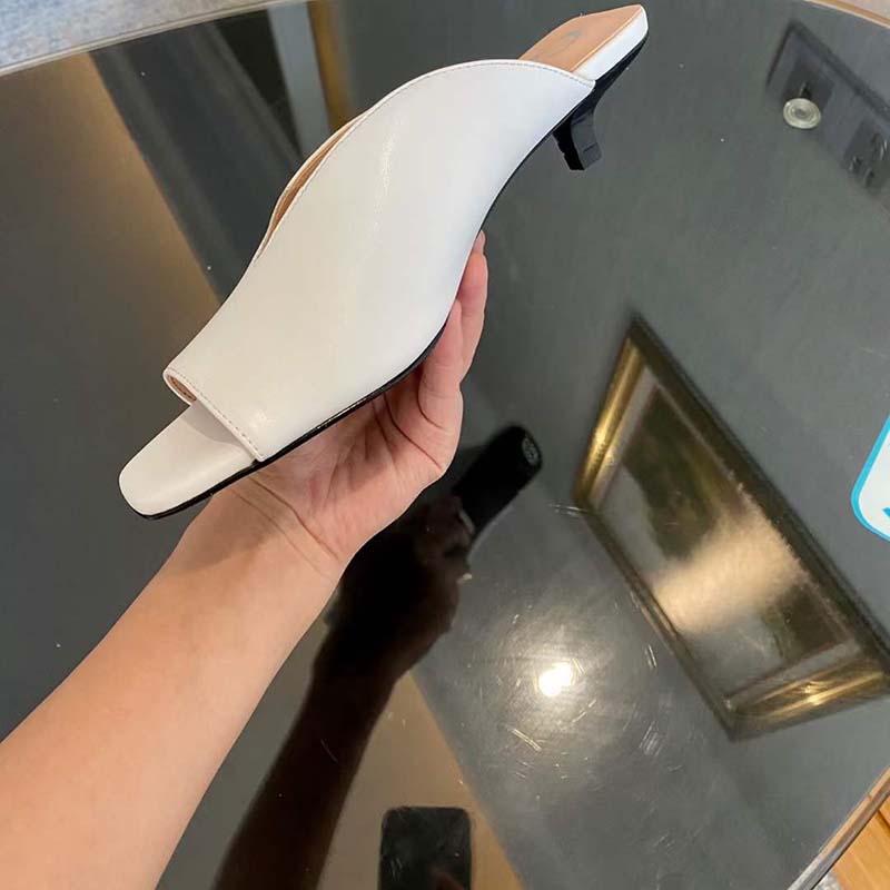 Gucci Women GG Low Heel Sandal White Leather Square Toe Leather Sole 3 Cm Heel