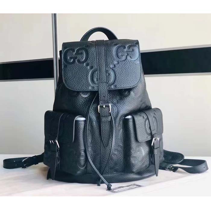 Gucci Unisex Jumbo GG Small Backpack Black Leather Cotton Linen Lining