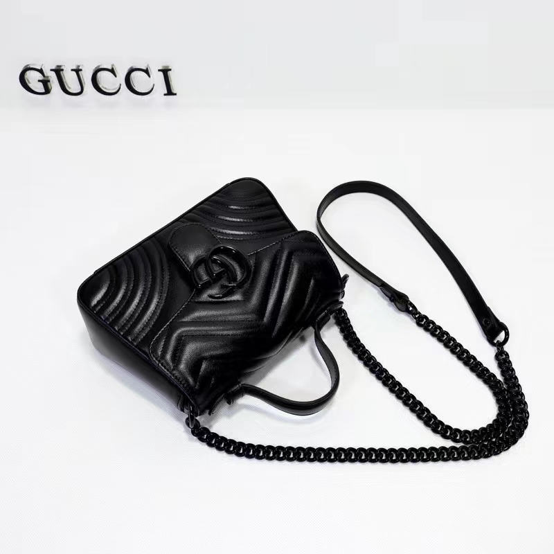 Gucci Women GG Marmont Mini Top Handle Bag Black Matelassé Chevron Leather