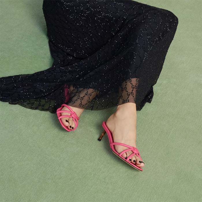 Gucci Women GG Slide Sandal Bamboo Pink Leather Bamboo Low Heel