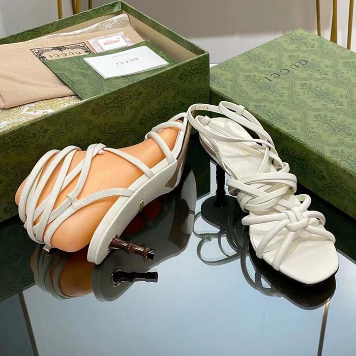 Gucci Women GG Strappy Sandal Bamboo White Leather Bamboo Low Heel