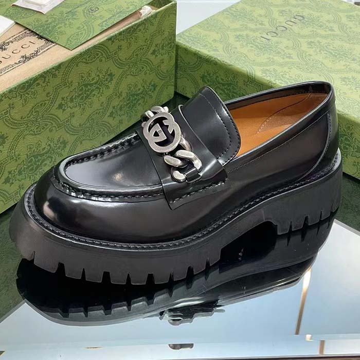 Gucci Women Lug Sole Loafer Black Leather Interlocking G Chain Rubber Flat