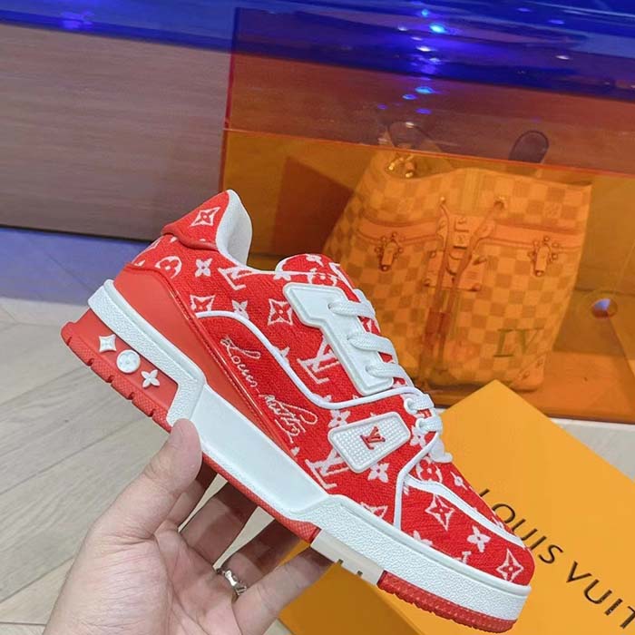 Louis Vuitton LV Unisex LV Trainer Sneaker Red Monogram Textile Rubber Outsole